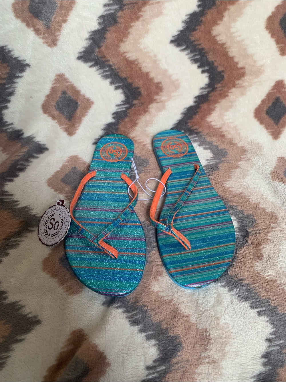 Authentic American heritage blue stripe style glitter flat sandals size s (5-6)